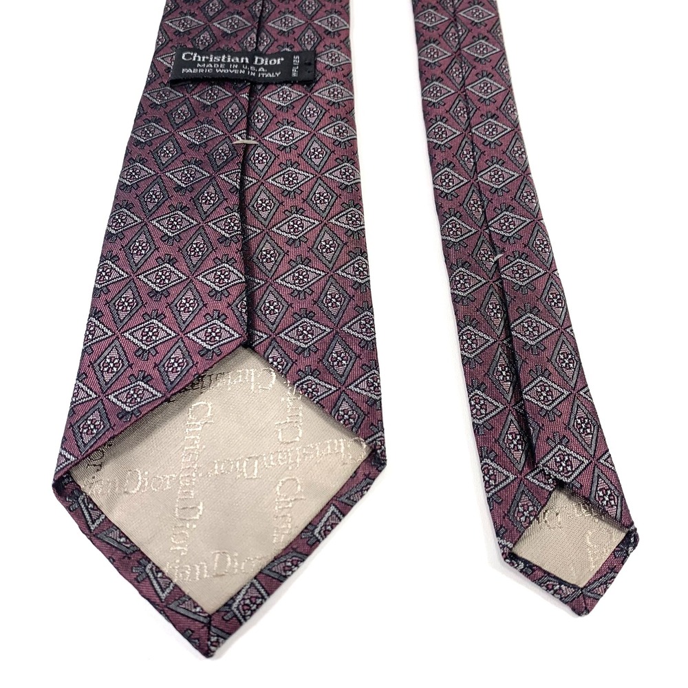 Vintage Christian Dior Mens Tie Purple w/ Gray Daimond Pattern Poly Silk Blend - Picture 3 of 5